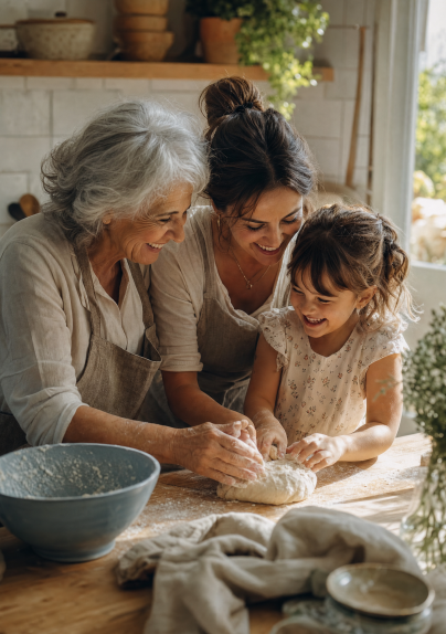 Abuela, madre e hija cocinando juntas, psicología familiar en Lazos