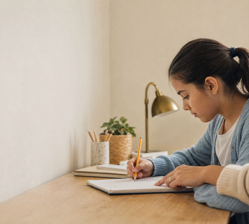 Niña haciendo deberes en su escritorio con la mano de su madre acompañando, psicología pedagógica en Lazos