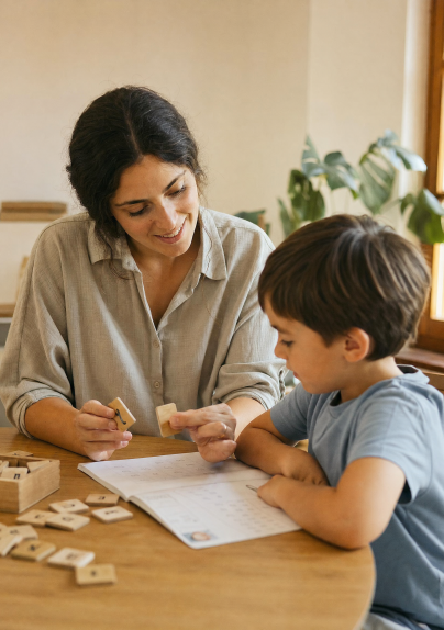 Pedagoga trabajando letras con un niño en la mesa, psicología pedagógica en Lazos