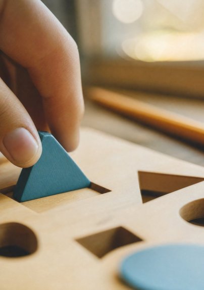 Dedos de un niño encajando una pieza de madera en una prueba de evaluación, Lazos