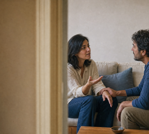 Pareja conversando en el sofá, terapia de pareja en Lazos