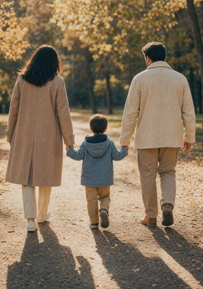Madre y padre de la mano de su hijo caminando por un parque, mediación en la separación en Lazos