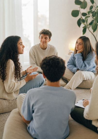 Grupo de adolescentes en círculo durante una sesión de terapia grupal en Lazos