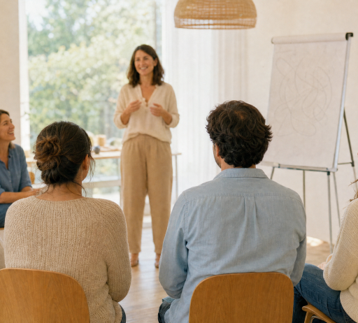 Taller de escuela de padres con familias escuchando a la psicóloga, Lazos