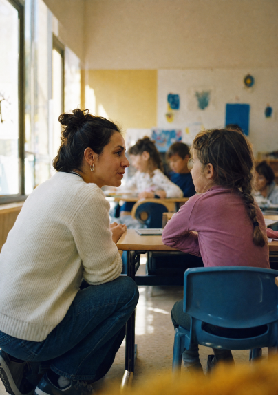 Maestra a la altura de un alumno en el aula, formación en gestión emocional para docentes, Lazos