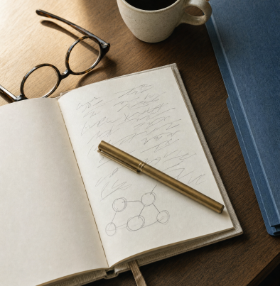 Cuaderno, gafas y café sobre la mesa de un seminario, formación a profesionales en Lazos