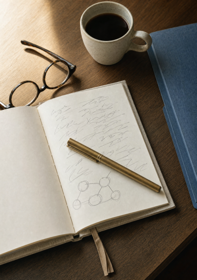 Cuaderno, gafas y café sobre la mesa de un seminario, formación a profesionales en Lazos