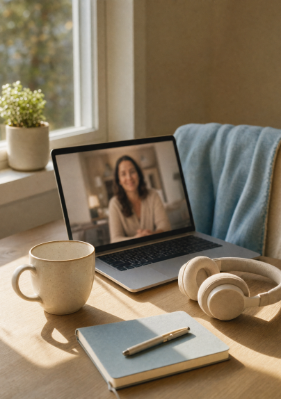 Escritorio con portátil en videollamada, auriculares y taza junto a la ventana, terapia online en Lazos