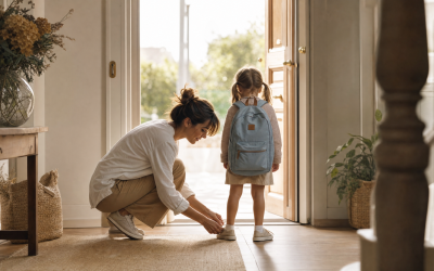 Madre atando los cordones a su hija con mochila antes de ir al colegio - blog de Clínica Lazos