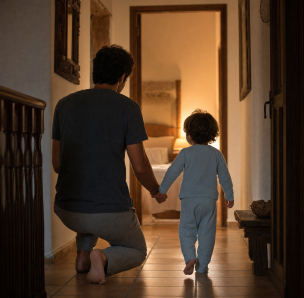 Padre acompañando de la mano a su hijo hacia la habitación iluminada al anochecer - blog de Clínica Lazos