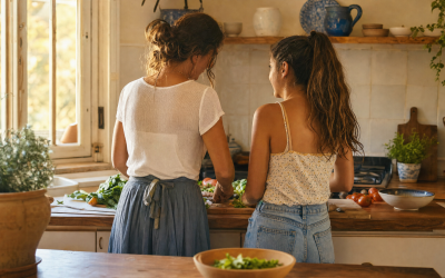 Madre e hija adolescente cocinando juntas de espaldas mientras conversan con luz cálida de tarde - blog de Clínica Lazos