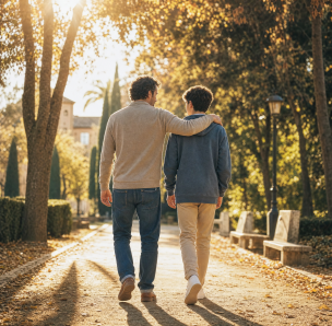 Padre e hijo adolescente paseando de espaldas por un parque en otoño mientras conversan - blog de Clínica Lazos