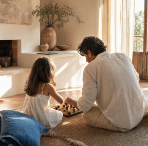 Padre e hija de espaldas jugando a un juego de mesa en el salón, con la tablet apagada en la estantería - blog de Clínica Lazos